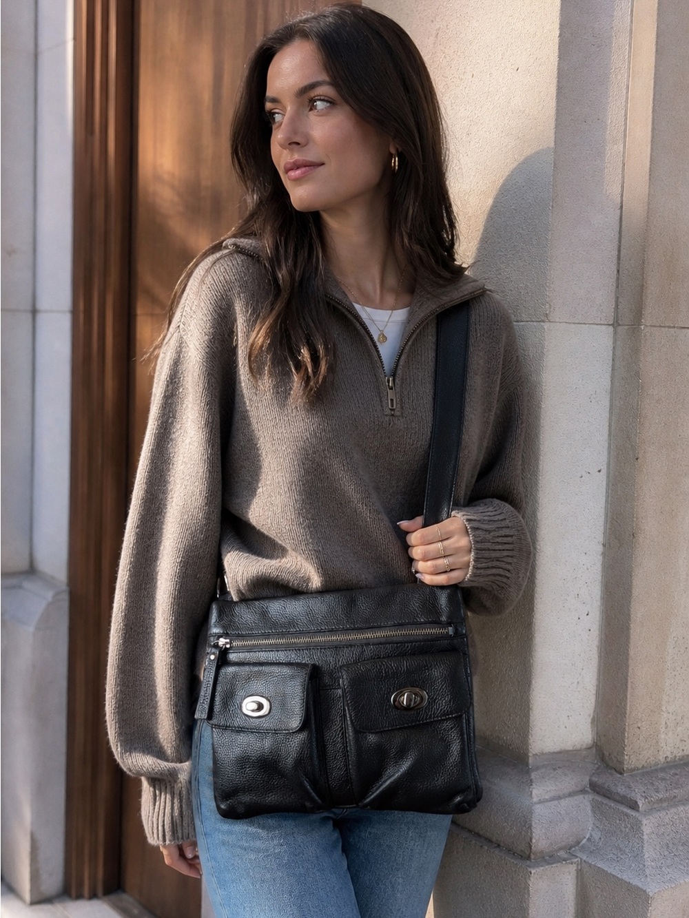 Danier Leather Pebbled Crossbody Turn-Lock Pockets Bag - Black